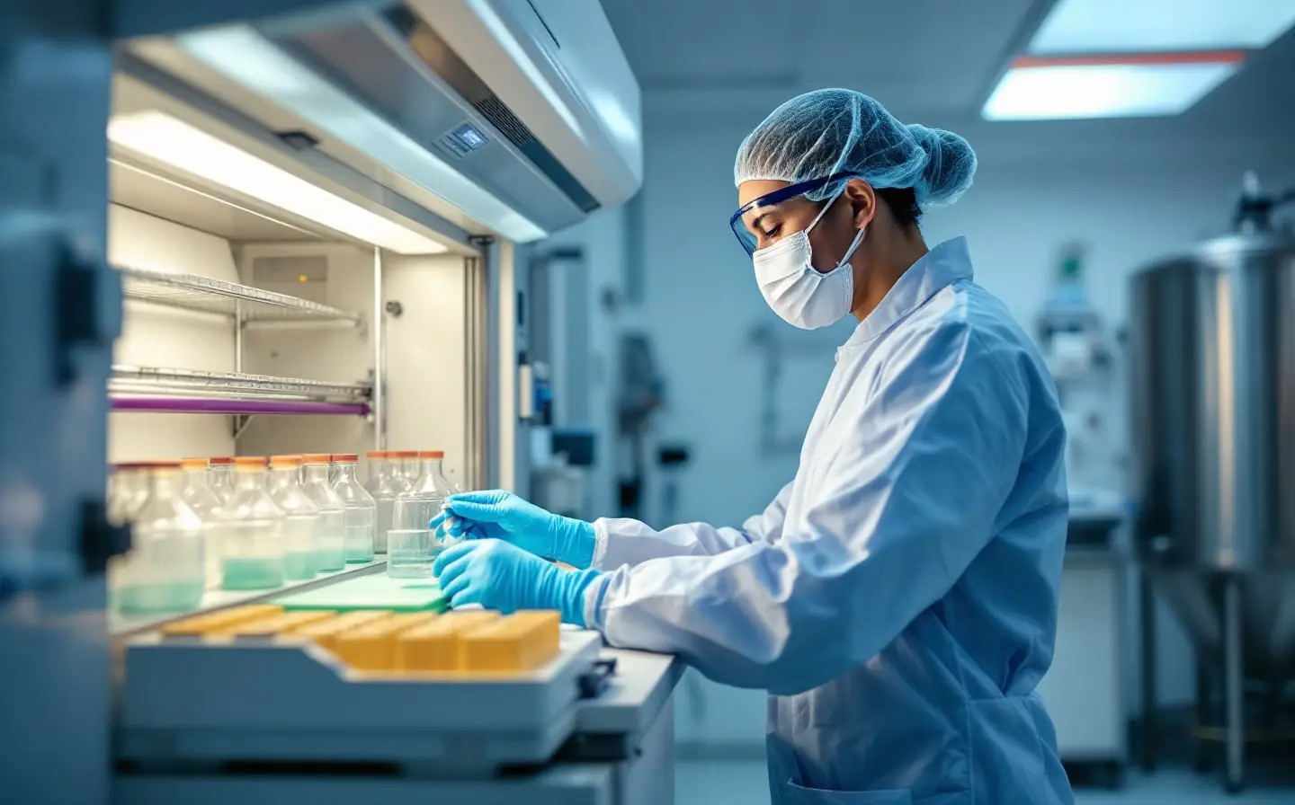 A technician in a gown and gloves works at a biosafety cabinet in a bright cell processing lab, with liquid nitrogen tanks behind.