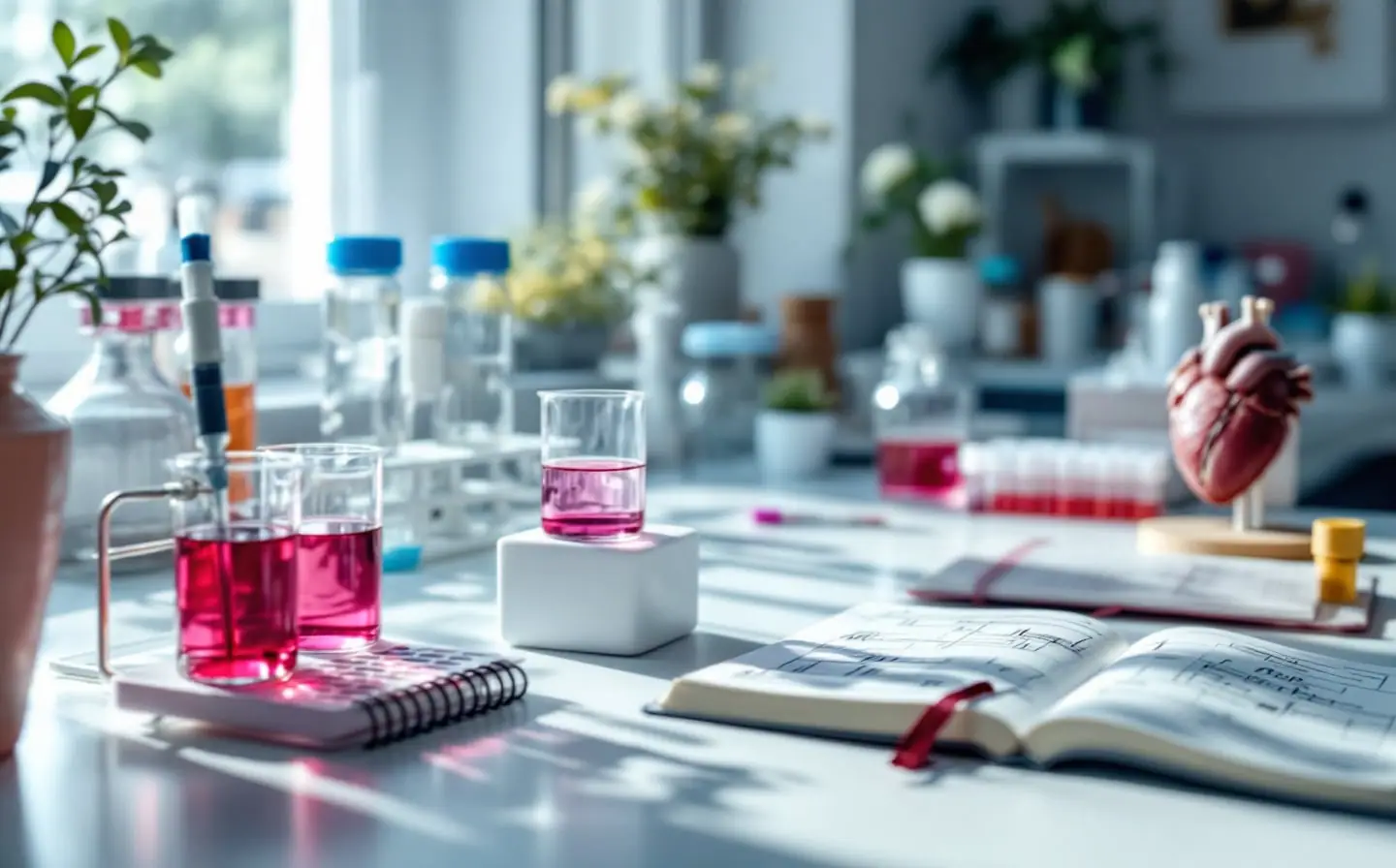 A bright lab bench with culture flasks of pink medium, a pipette, a rack of sample tubes and an anatomical heart model.