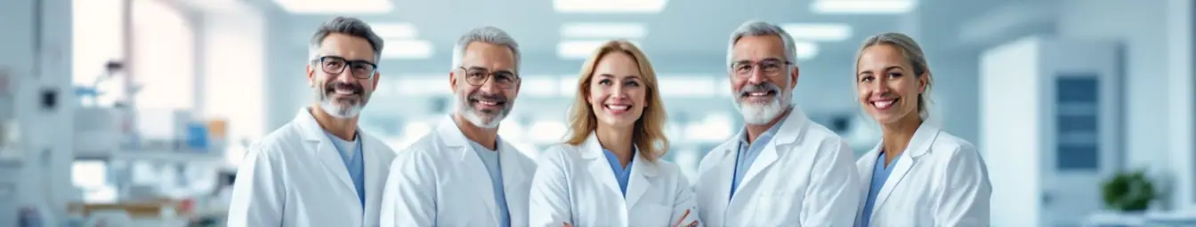 Researchers and clinicians standing together in a bright laboratory